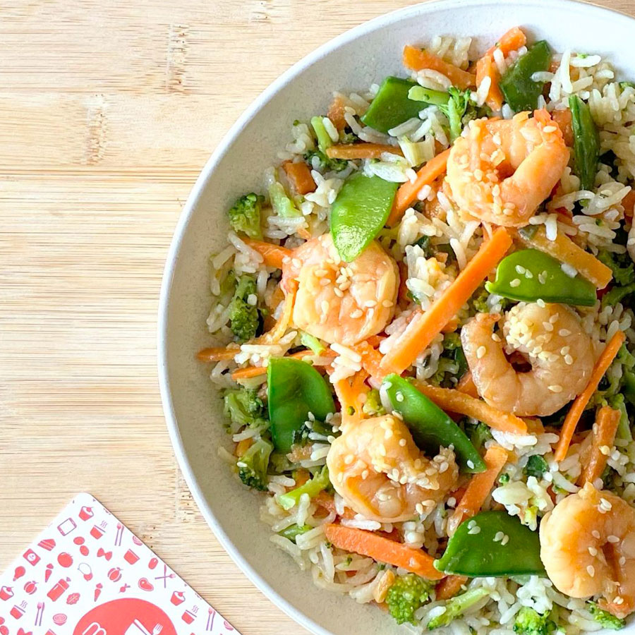 Wok aux crevettes, riz & légumes